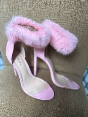 Pink Faux Fur Ankle-Strap Stiletto Sandals